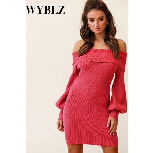 Autumn Sexy Strapless Bag Hip Knit Dress One-word Neck Ribbed Tight Mini Dress Solid Color Lantern Sleeve Prom Party Dress 2021