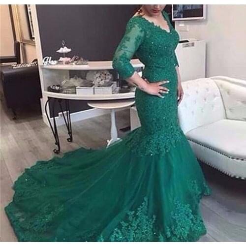 Long Sleeves Lace Evening Dress Mermaid Plus Size V Neck Beads Arabic Muslim Women Gold Formal Prom Evening Gowns Robe De Soiree