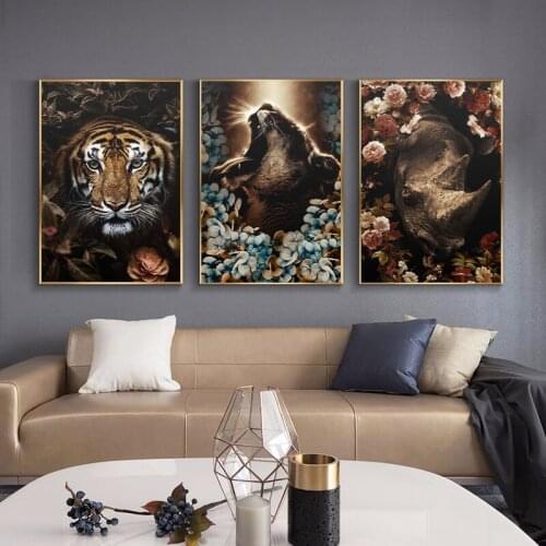 Animal in Flowers Canvas Painting Wall Art Lion Poster Tiger Elephant Rhinoceros Picture Modern Classical Decorative Painting