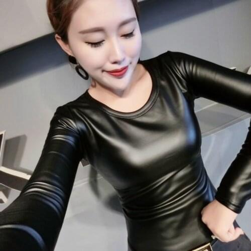 2020 Winter Long Sleeve O-Neck PU Leather T-shirts Women Plus Fleece Warm PU Leather Pullovers Women Warm PU Leather Tops
