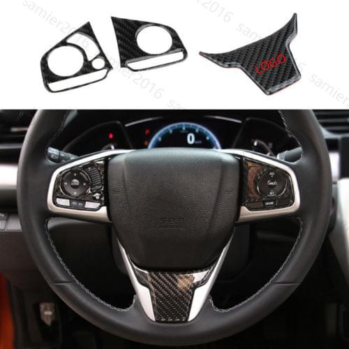 3x 100% Carbon Fiber Fit For Honda Civic 16-17 Steering Wheel Buttons Cover Trim