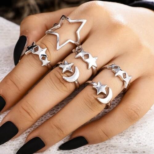 Bohemian Trendy Star Moon Pattern Midi Rings For Girls Party Jewelry Lowest Silver Knuckle Ring Set Female Bague