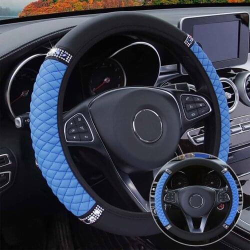 For 38-37CM Steering Wheel Cover 1 Pcs Black + Blue Car Diamond Leather