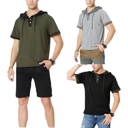 Summer Men Fashion T-Shirts Solid Color Short Sleeve Slim Fit Hooded Casual Tee Shirt Pullover Top Basic Male Clothing 2021