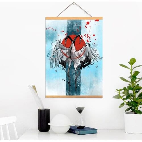 Canvas Home Decoration Red Crowned Crane Poster Print Animal Pictures Wall Art Wooden Scroll Hanging Painting Bedside Background
