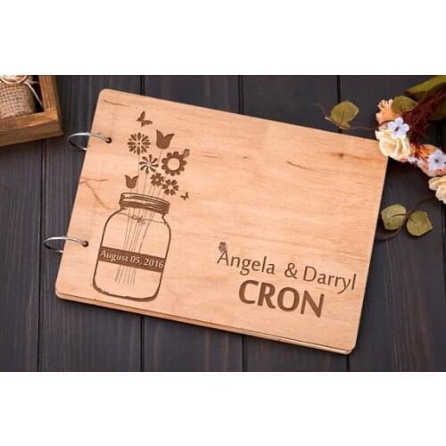 Custom names mason jar love Rustic wedding guest album book engraved Wooden guestbooks Reception party decorations
