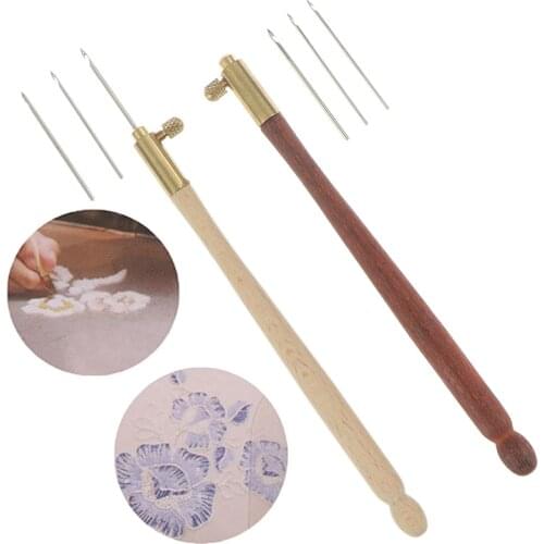DIY Craft Wooden Handle Tambour Crochet Hook with 3 Needles French Crochet Embroidery Beading Hoop Sewing Tool Set