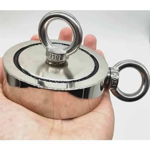 Strong Double-Sided 2 Eyebolt 1200lb Pulling Force Round Search Magnetic River F90 Nickle Neodymium Fishing Magnet Holder