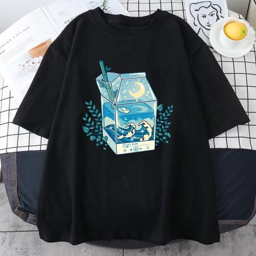 Milk Box Moonlight Waves Prints Womens T Shirt Breathable S-XXXL T-Shirts Casual O-Neck Tee Tops Fashion Big Size T-Shirt Women