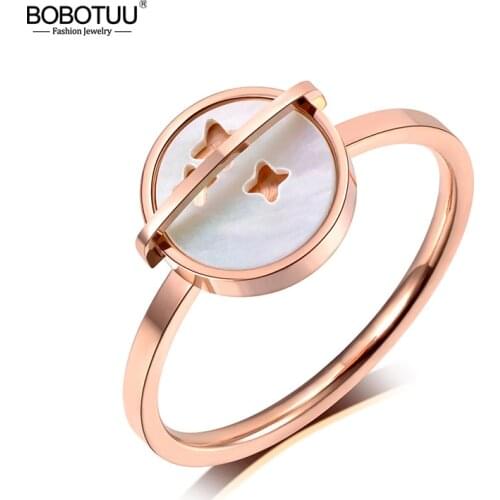 BOBOTUU Trendy Design Rose Gold Star Rings Titanium Stainless Steel White Shell Wedding Rings For Women Engagement Gift BR19068