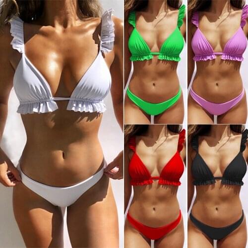 New 2021 swimsuit European and American ruffled bikini feminine swimwear solid color strap brazilian bikini for women