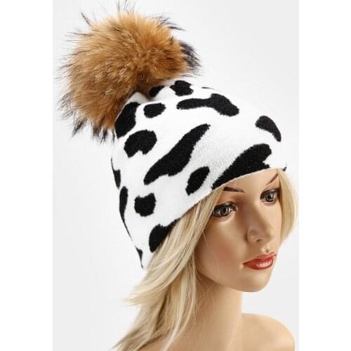 Autumn Winter Hat Women Knitted Brimless Hat Ladies Cow Leopard Pattern Beanie Soft Pom Pom Beanies Skullies Hats Warm Bonnet