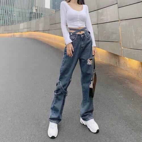 Popular retro ripped jeans womens straight plus size womens trousers summer high-waist wide-leg pants design strappy trousers