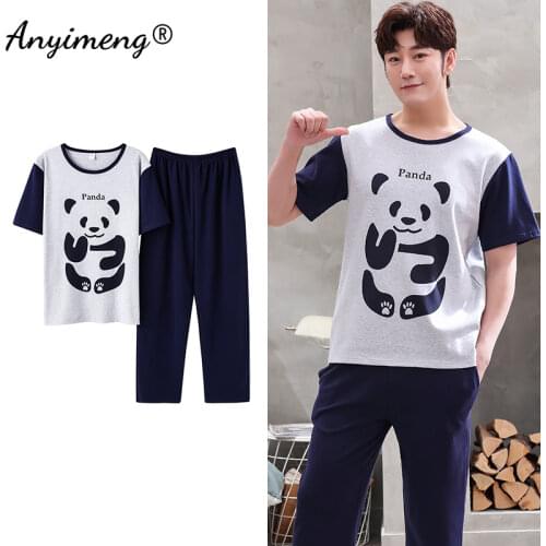 Plus Size Pajamas 3xl 4xl Sleepwear Short Sleeved Long Pants Cotton Homewear Leisure Pyjamas Plaid Pants Men Summer Nightwear