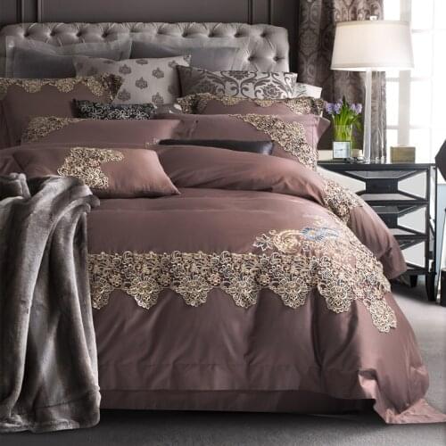 Luxury 100S Egyptian cotton Embroidered Bedding sets Chocolate Lace Queen King Royal Duvet cover Bed sheet set Pillowcase 4/6pcs