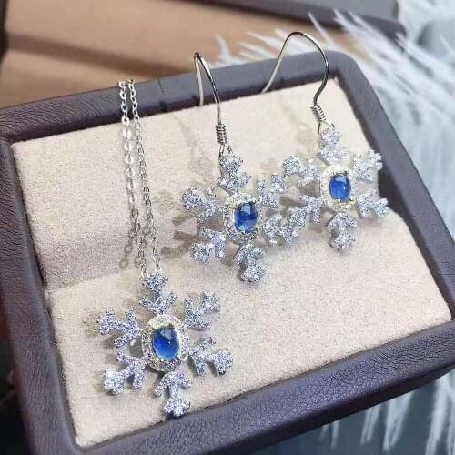 Natural Sapphire Snowflake Modeling Earrings Pendant Necklace S925 Fine Fashion Wedding Jewelry for Women New Free shipping