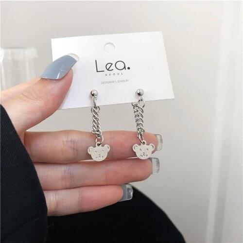 Chain bear back hanging Drop Earrings for women harajuku style korean earrings kawaii hip-hop rock Girl jewelry