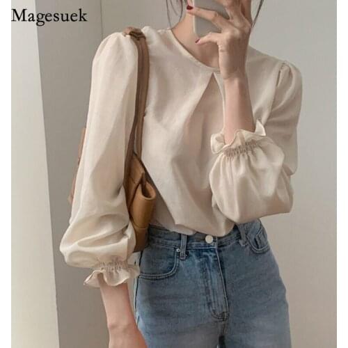 Chic Spring New Long Sleeve Blouses For Women Casual O-Neck Solid Chiffon Blouse Femme Loose Womens Shirt Blusas Mujer 13333