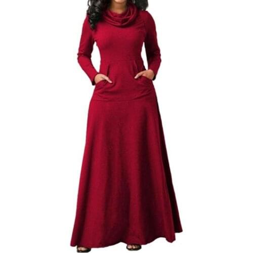 Warm High Collar Long Maxi Dress Women Long Sleeve Autumn Winter Dress 2019 Womens Clothing Pocket Fashion Party Dress Dresses