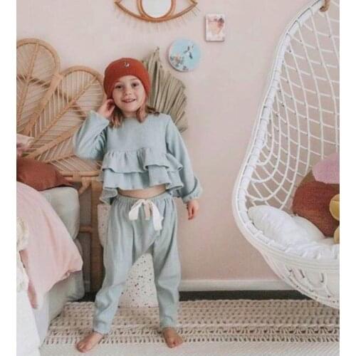 2021 spring and summer girls cotton knitted Ruffle Top + pants versatile suit
