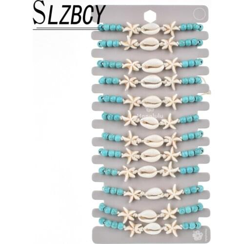 Vintage 12 pcs/lot Wooden Beads Shell Charm Bracelets Set For Women Men Handmade Braided Elastic Adjustable Bracelet Fashion