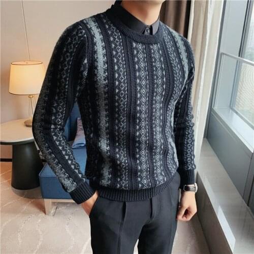 High Quality National Style Thick Warm Fake-2pieces Sweater Men Clothing 2021 Business Casual Knitted Pullovers Pull Homme 4XL-M