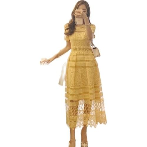 Yellow Dress for women Summer Short Sleeve crew neck lace Sundress ladies sexy hollow out Party Maxi Long Dresses