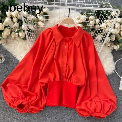 Women Design Korean Blouse Retro Turndown-Collar Lantern Sleeve Solid Casual Tops Spring Fashion Streetwear Blouses