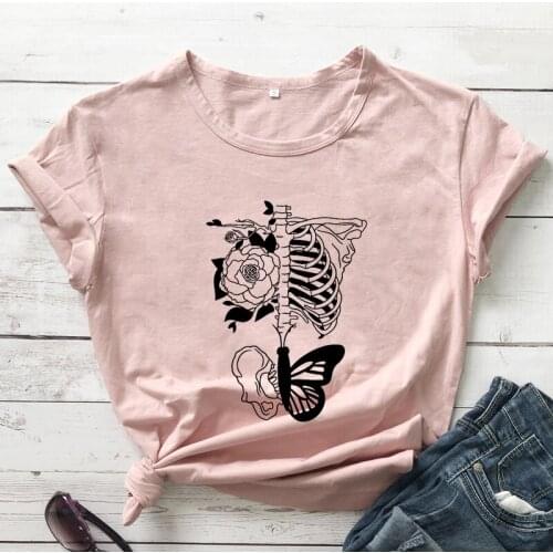 Boho Floral Skeleton T-shirt Vintage Rib Cage Anatomy Tshirt Aesthetic Women Graphic Botanical Goth Art Tee Shirt Top