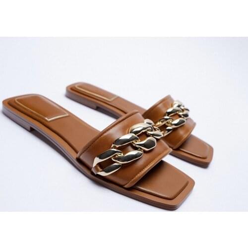 Shoes Woman 2021 Shallow Slippers Casual Square Toe Luxury Flat Summer Soft PU Scandals Leisure Slides Rubber Basic Slippers Cas