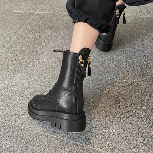 2021 Women Platform Heels Boots Split Leather Round Toe Winter Boots Women Casual Solid Fall Shoes Women Black Motorcycle Boots