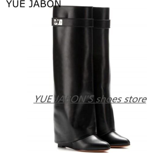 Top Design Shark Lock Women Boots Sexy Slip-on Knee High Boots For Woman Motorcycle Botas Mujer Genuine Leather Wedge Shoes