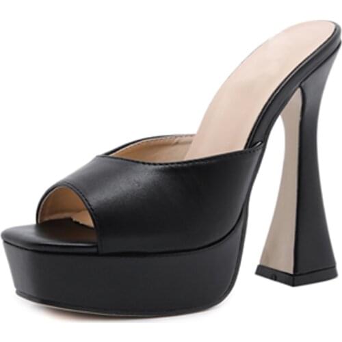 Summer Fashion Peep toe Woman Black Strange Style Heels Shoes Personality Catwalk Slippers Ladylike Temperament Women shoes 41