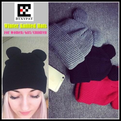 Female Winter Caps Hats Women Devil Horns Cat Ear Cute Crochet Braided Knitting Wool Beanies Hat Student Girls Children Warm Cap