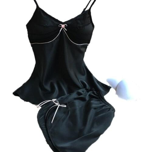 Womens Black Pajamas Set Free Shipping 2016 Pijama New V-Neck Rayon Silk womens Sleepwear Spaghetti Strap Hot Sexy Pajama Set