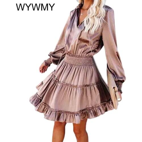 WYWMY Autumn Long Sleeve Satin Women Dress Sexy Solid Party Elegant 2021 Ruffles Vintage Club Party Dress Vestidos Femme Robe