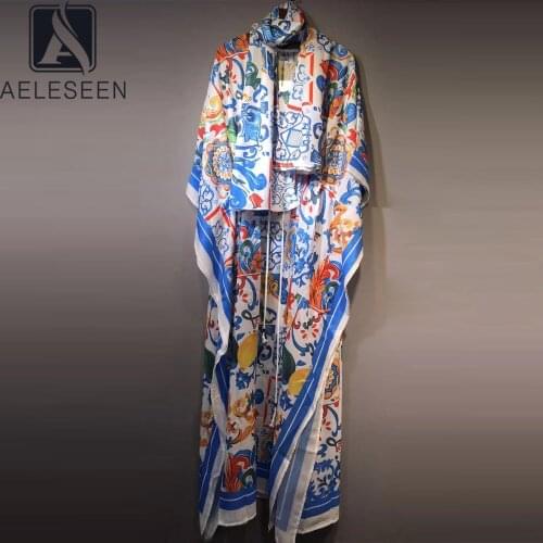 AELESEEN High Qualityb Porcelain Print Dress Women Loose Style Batwing Sleeve Drawstring Ruffles Long Maxi Holiday Party Dress