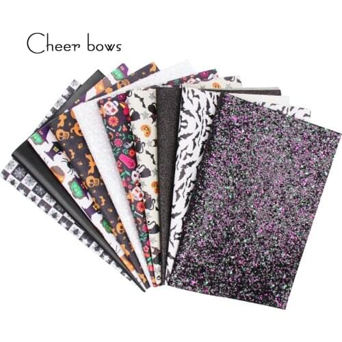 10pcs/set Halloween Printed Faux Leather Black Chunky Synthetic Leather Sheets For DIY Bow Gifts Decor Making Hnadmade Material