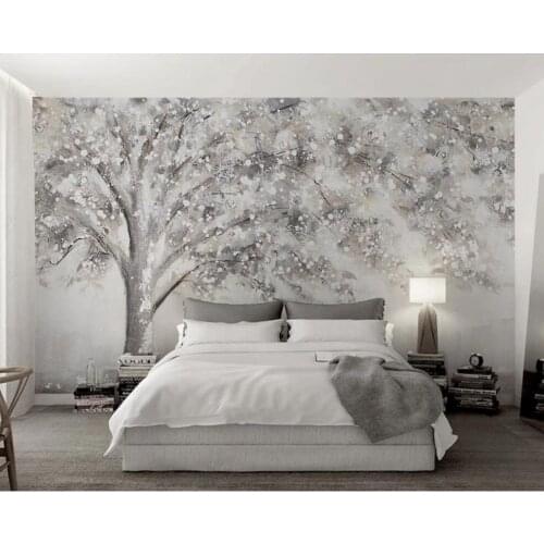 Tree high grade grey hand painted oil painting style modern TV 3D background wall decoration wallpaper mural