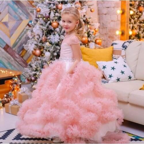 Clouds Bottom Flower Girl Dresses For Weddings Kids Pageant Ball Gowns Feathers First Communion Dresses For Girls