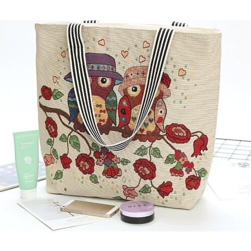 Embroidered Owl Pattern Shoulder Bag Literature and Art Canvas Ms. College Students Attending Class High Capacity Zip Handbags