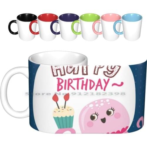 Happy Birthday With Octopus Ceramic Mugs Coffee Cups Milk Tea Mug Birthday Octopus Mushroom Box Happy Female Wish White Color