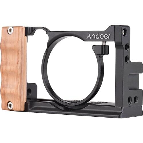 Andoer Camera Cage For Sony RX100 VI/VII with Cold Shoe Mount 1/4 Screw Wooden Handgrip Vlogging Shooting Cameras Accessories