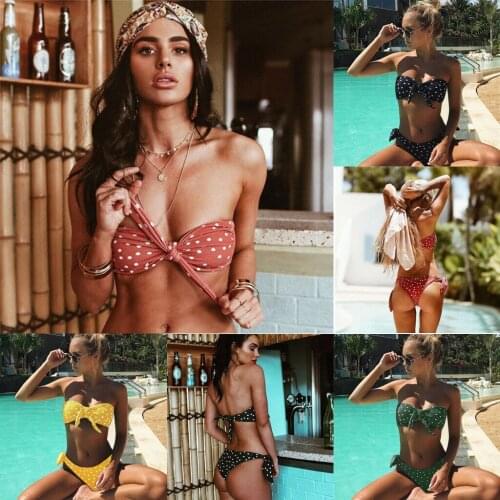 Polka Dot Strapless Bikini Set For Women Push-up Padded Bra Bandage Bikini Set Swimsuit Swimwear Bather Suit
