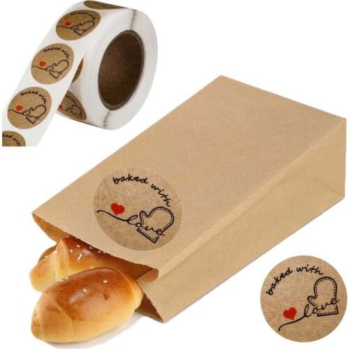 500pcs/roll Round Kraft Baked with Love Stickers Seal Labels Handmade Scrapbook H58C