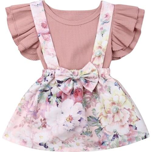 Toddler Kids Baby Girls Summer Clothes Ruffle Sleeve Knitted Romper Tops Short Floral Skirt Dress Outfits Set
