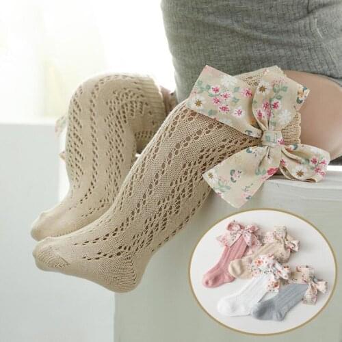 Cute Girls Knee High Socks Flower Bows Breathable Children Cotton Socks Hollow Out Newborn Infant Baby Long Socks 0-7Years