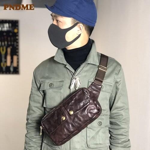Fashion daily light genuine leather mens small chest bag casual vintage luxury natural real cowhide teens phone messenger bag