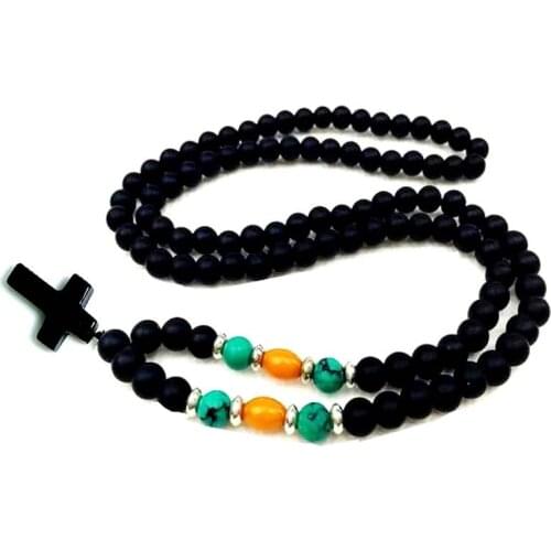 Natural 8MM Black stone Beads with cross wing Pendant Mens Rosary Necklace Mens Mala jewelry