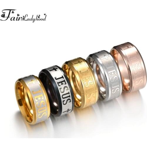 FairLadyHood TOP Quality Catholic 8mm Titanium Steel Silver Color Rose Gold Color Jesus Cross Letter Bible Wedding Band Ring Men